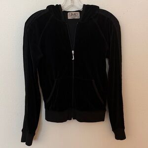 Juicy Couture Vintage Black Velour Zip-Up Hoodie Jacket Striped Trim SizeM